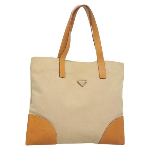 PRADA Tote Bag Canvas Leather Beige Silver Auth ti3142 - Picture 1 of 16